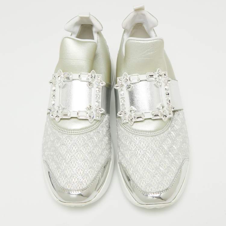 Pre Owned Roger Vivier Silver  Fabrics  And Leather Viv' Run Strass Buckle Sneakers Size 40.5
