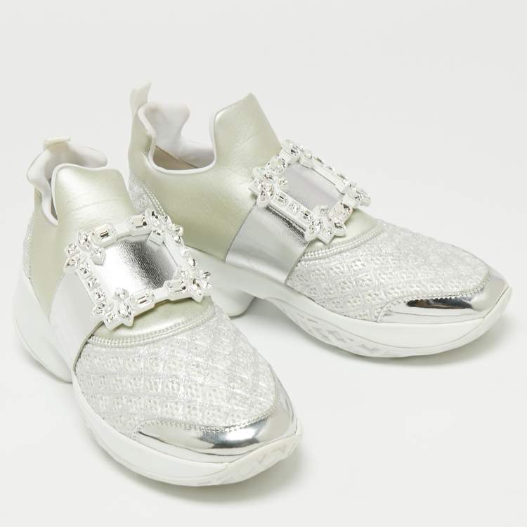 Pre Owned Roger Vivier Silver  Fabrics  And Leather Viv' Run Strass Buckle Sneakers Size 40.5