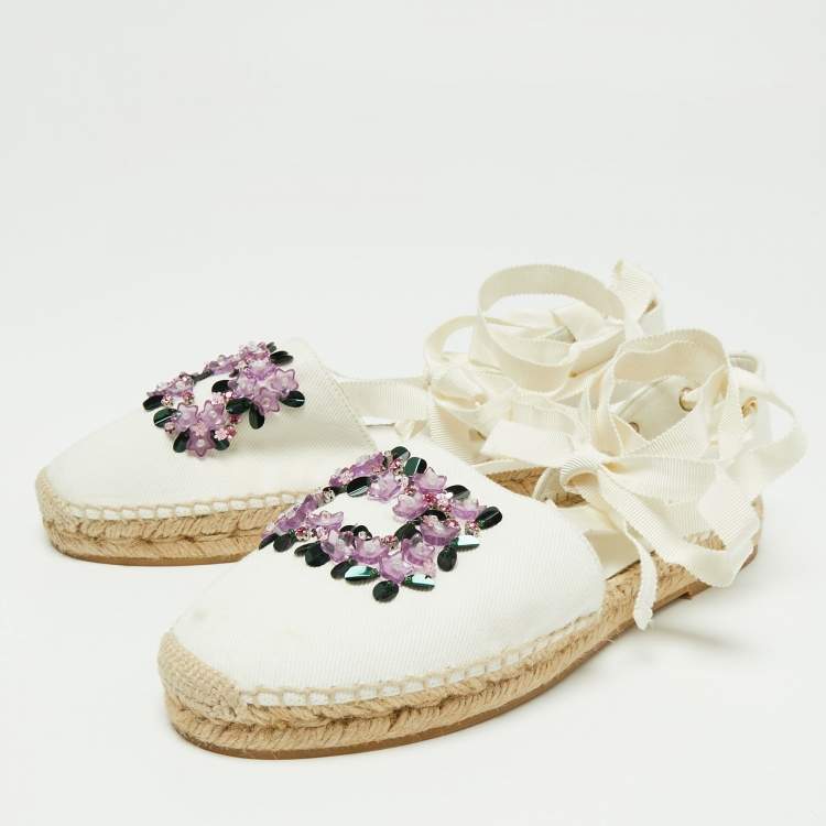 Pre Owned Roger Vivier White Canvas Embellished Lace Up Espadrille Flats Size 38.5