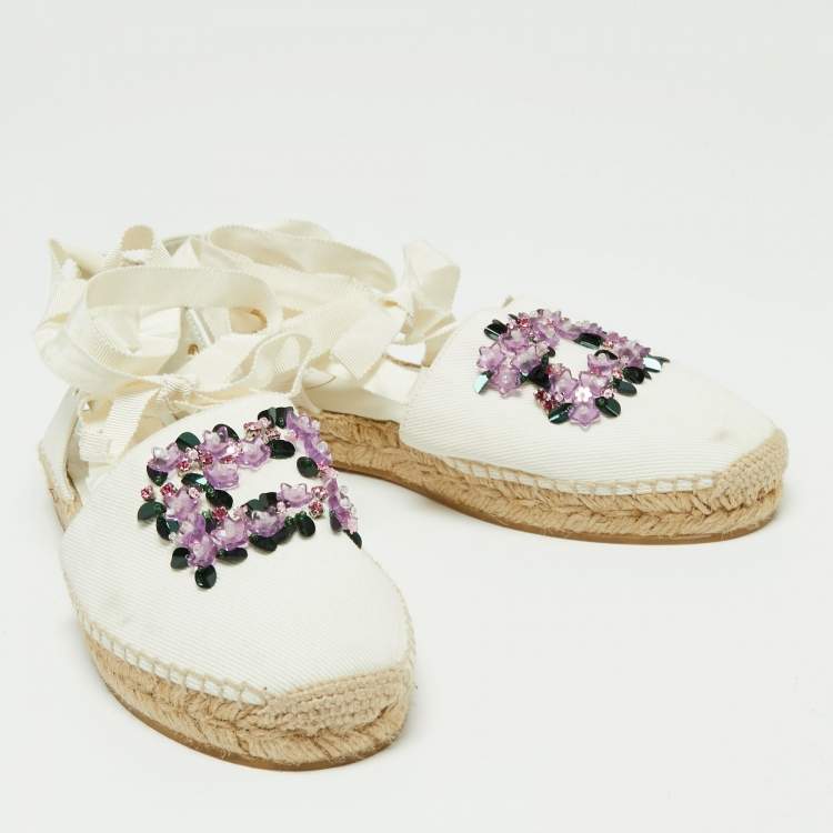 Pre Owned Roger Vivier White Canvas Embellished Lace Up Espadrille Flats Size 38.5