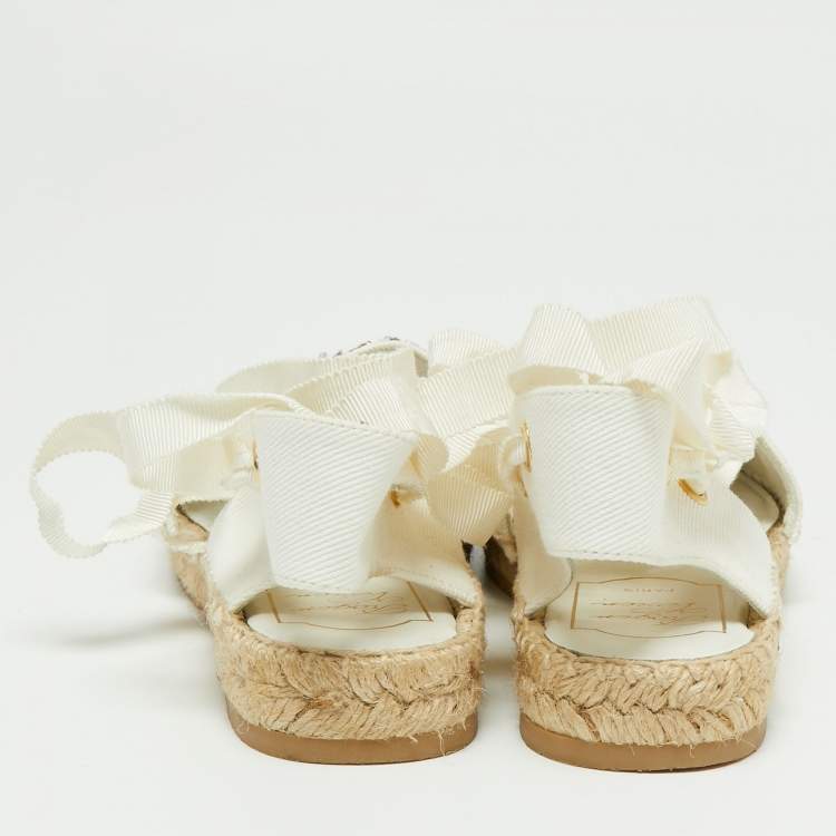 Pre Owned Roger Vivier White Canvas Embellished Lace Up Espadrille Flats Size 38.5