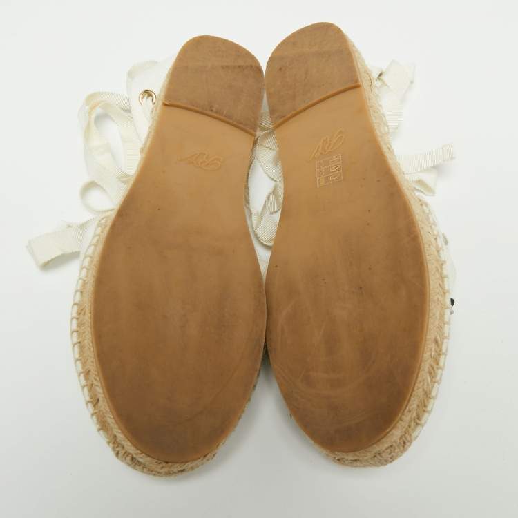 Pre Owned Roger Vivier White Canvas Embellished Lace Up Espadrille Flats Size 38.5