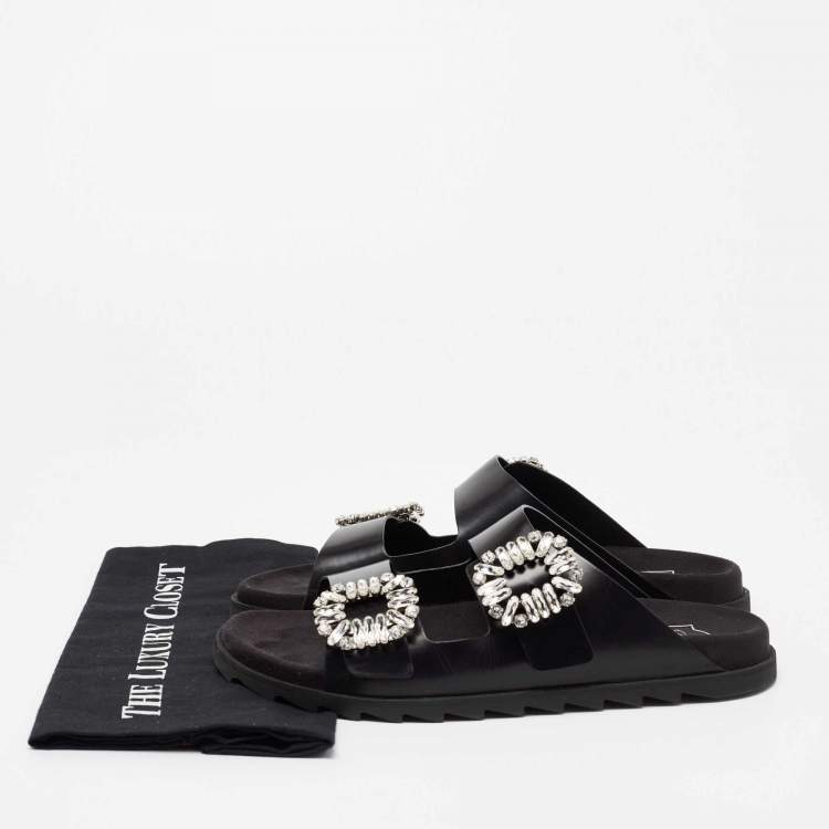 مملوكة مسبقًا Roger Vivier Black Leather Crystal Embellished Buckle Slide Sandals Size 41  