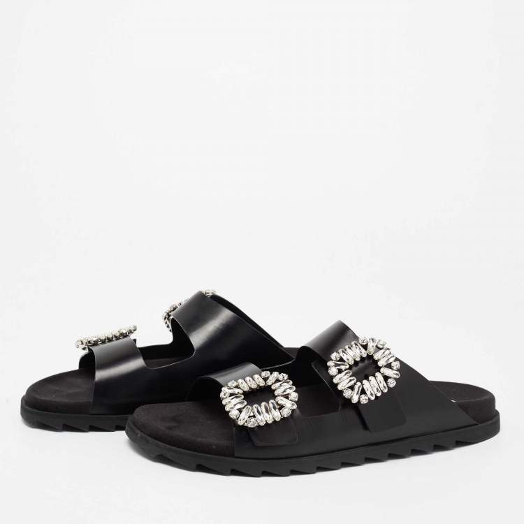 مملوكة مسبقًا Roger Vivier Black Leather Crystal Embellished Buckle Slide Sandals Size 41  