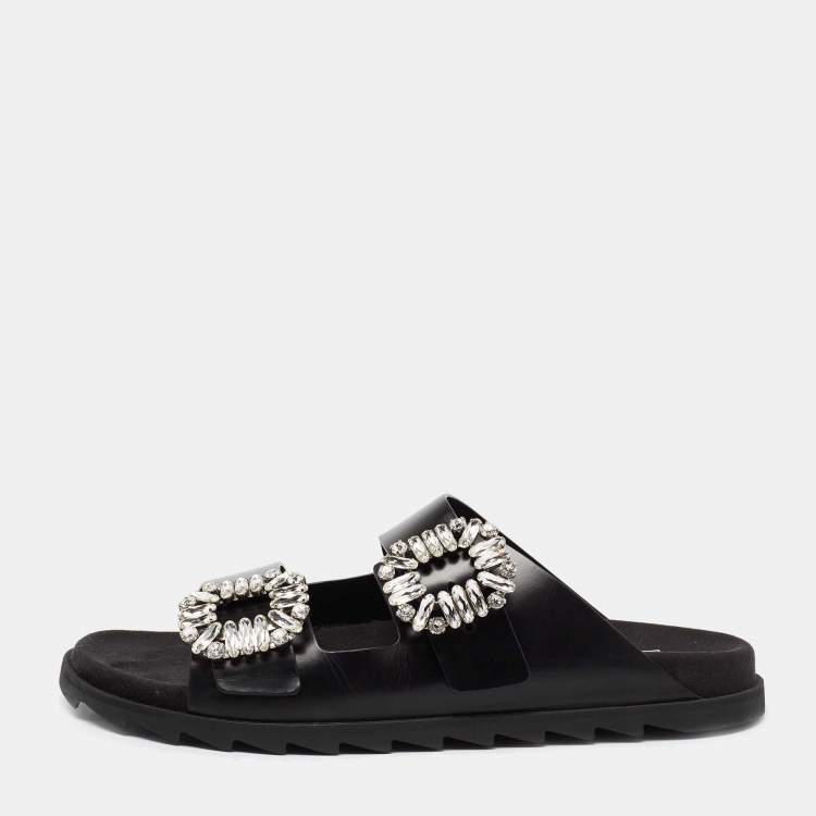 مملوكة مسبقًا Roger Vivier Black Leather Crystal Embellished Buckle Slide Sandals Size 41  