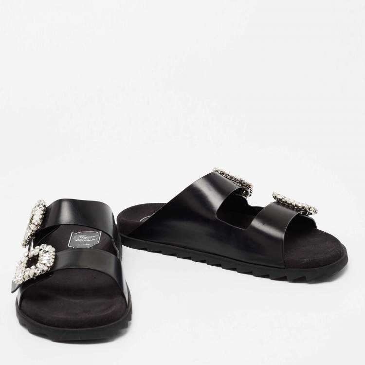 مملوكة مسبقًا Roger Vivier Black Leather Crystal Embellished Buckle Slide Sandals Size 41  