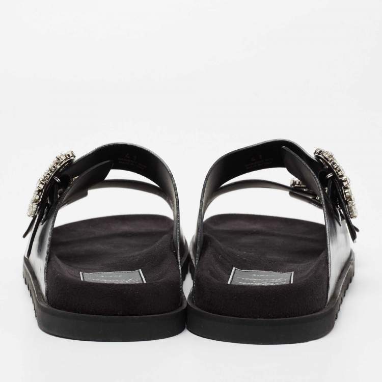 مملوكة مسبقًا Roger Vivier Black Leather Crystal Embellished Buckle Slide Sandals Size 41  