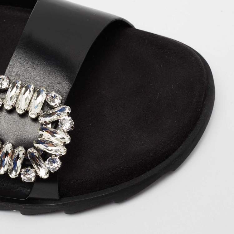 مملوكة مسبقًا Roger Vivier Black Leather Crystal Embellished Buckle Slide Sandals Size 41  