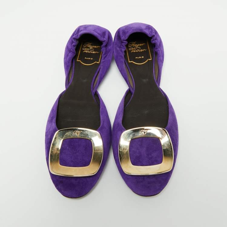 Pre Owned Roger Vivier Blue Suede Chips Buckle D'orsay Ballet Flats Size 38.5