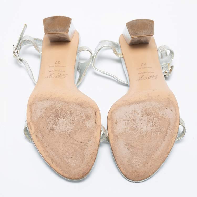 Pre Owned Roger Vivier Silver Metallic Silver Leather Ankle Strap Sandals Size 37