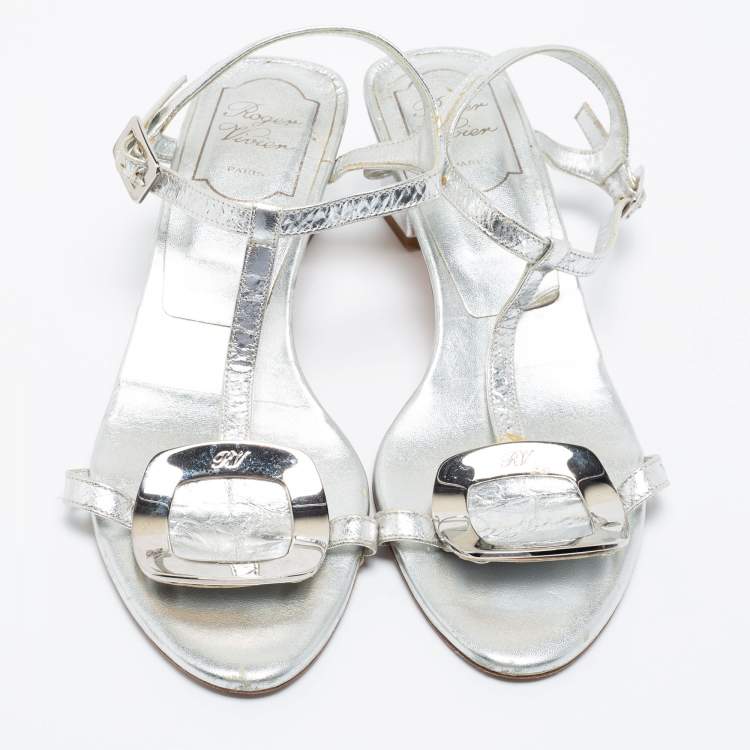 Pre Owned Roger Vivier Silver Metallic Silver Leather Ankle Strap Sandals Size 37