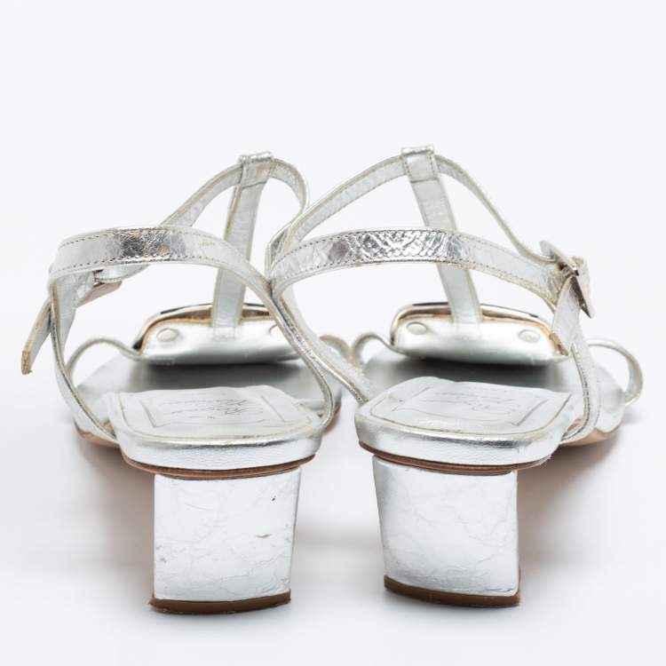 Pre Owned Roger Vivier Silver Metallic Silver Leather Ankle Strap Sandals Size 37