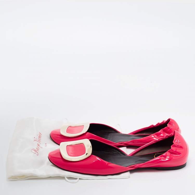 Pre Owned Roger Vivier Neon Pink Patent Leather Chips D'Orsay Buckle Flats Size 39