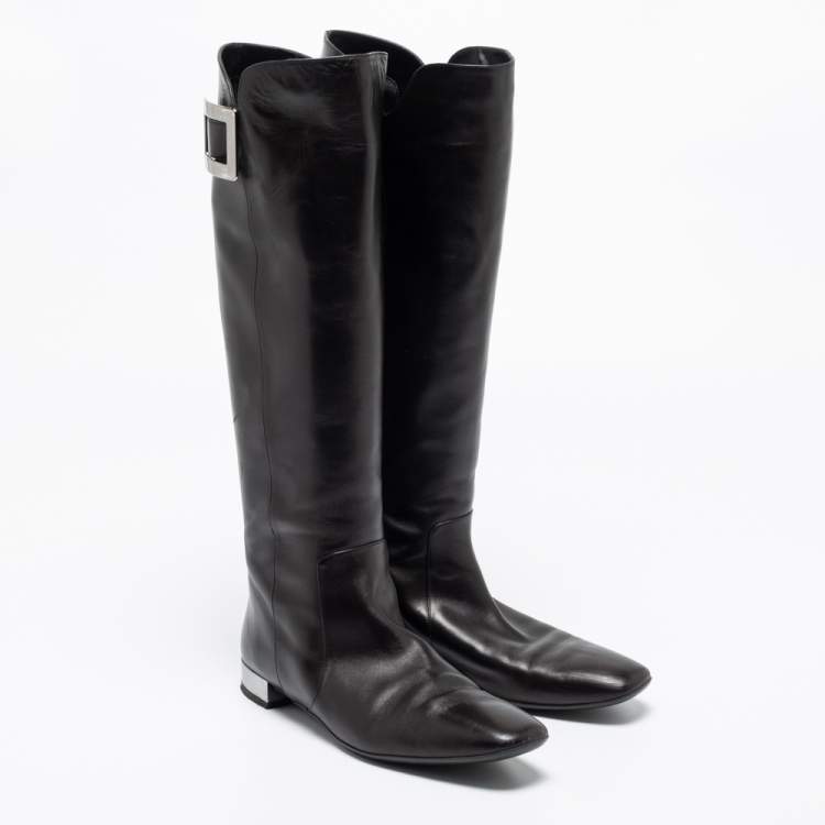 Pre Owned Roger Vivier Black Leather Buckle Knee Length Boots Size 38