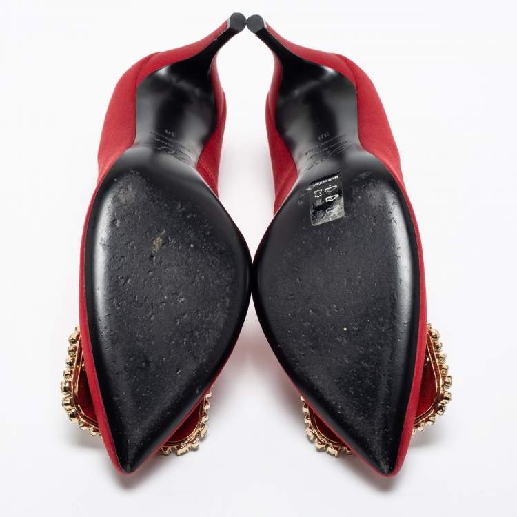 Pre Owned Roger Vivier Red Satin Crystal Embellished Trompette Pumps Size 38 