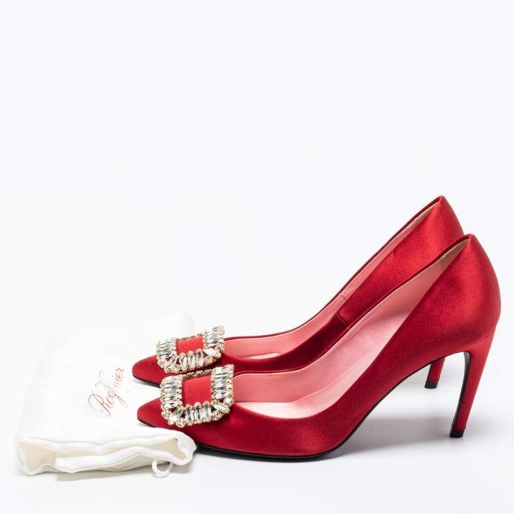 Pre Owned Roger Vivier Red Satin Crystal Embellished Trompette Pumps Size 38 