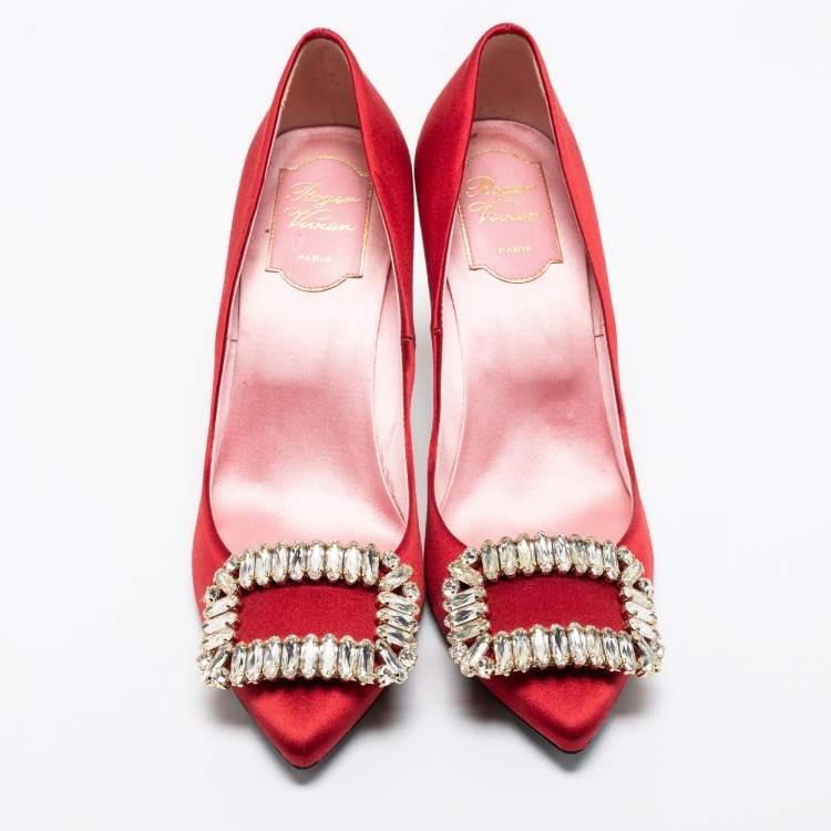 Pre Owned Roger Vivier Red Satin Crystal Embellished Trompette Pumps Size 38 