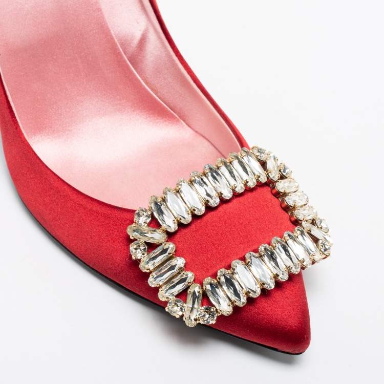 Pre Owned Roger Vivier Red Satin Crystal Embellished Trompette Pumps Size 38 