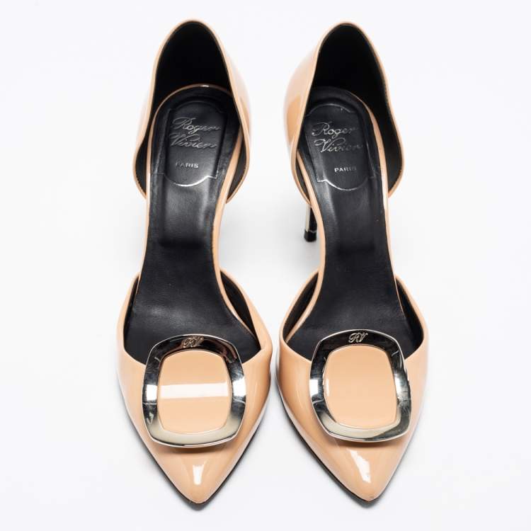 Pre Owned Roger Vivier Beige Patent Leather Chips Buckle D'orsay Pumps Size 37