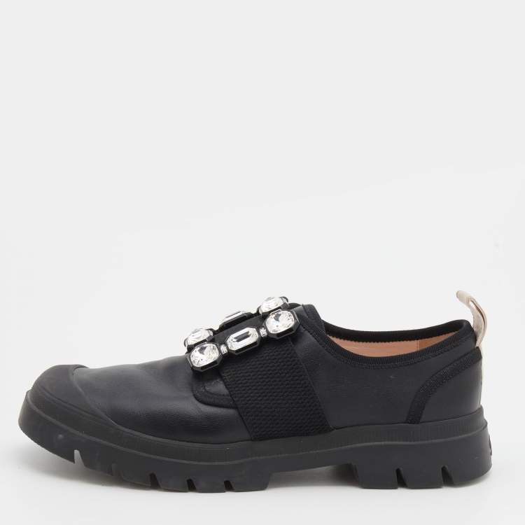 Pre Owned Roger Vivier Black Leather Crystal Buckle Walky Viv' Slip On Sneakers Size 38
