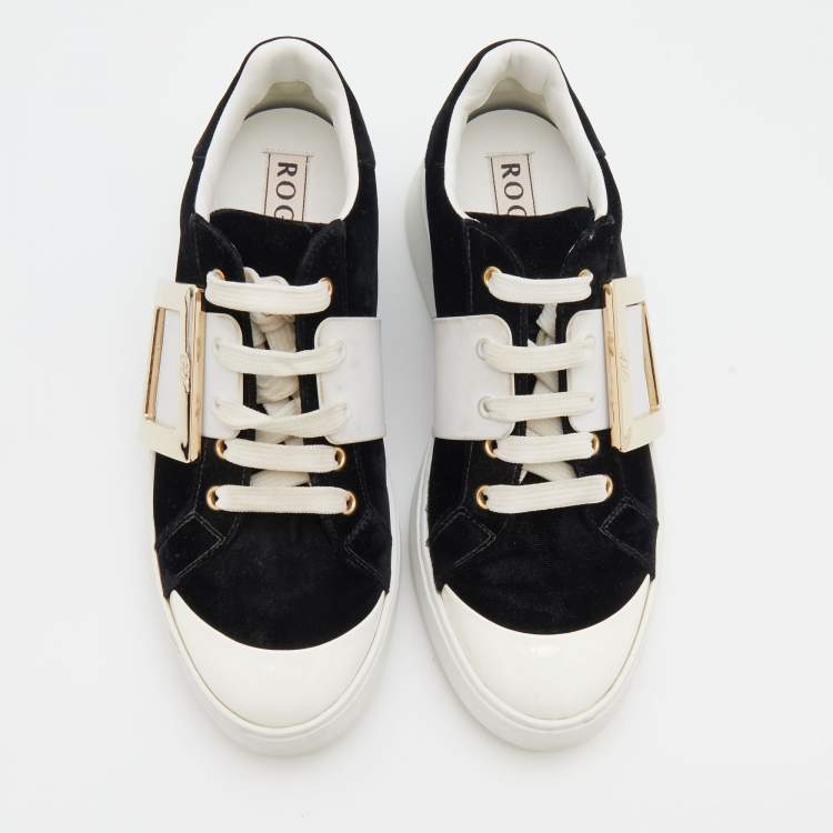 Pre Owned Roger Vivier Black/White Velvet and Patent Leather Metal Buckle Viv' Skate Sneakers Size 38