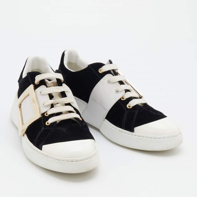 Pre Owned Roger Vivier Black/White Velvet and Patent Leather Metal Buckle Viv' Skate Sneakers Size 38