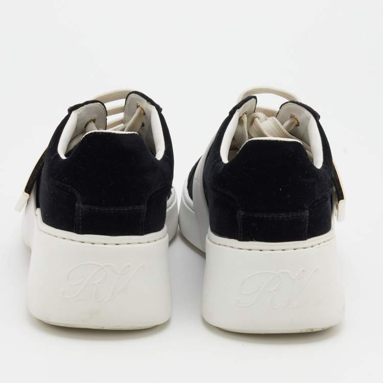 Pre Owned Roger Vivier Black/White Velvet and Patent Leather Metal Buckle Viv' Skate Sneakers Size 38