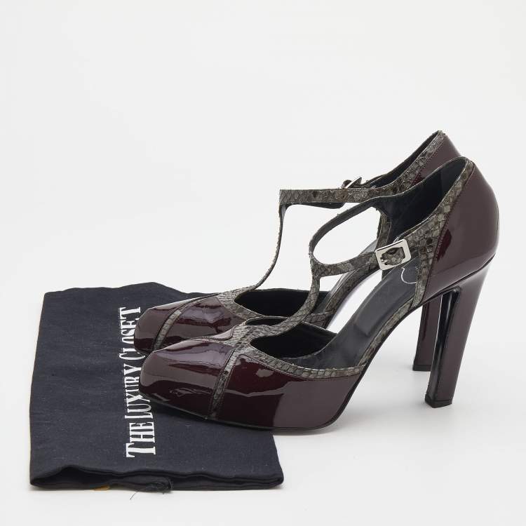 Pre Owned Roger Vivier Grey/Burgundy Python and Patent Leather Platform Pumps Size 39