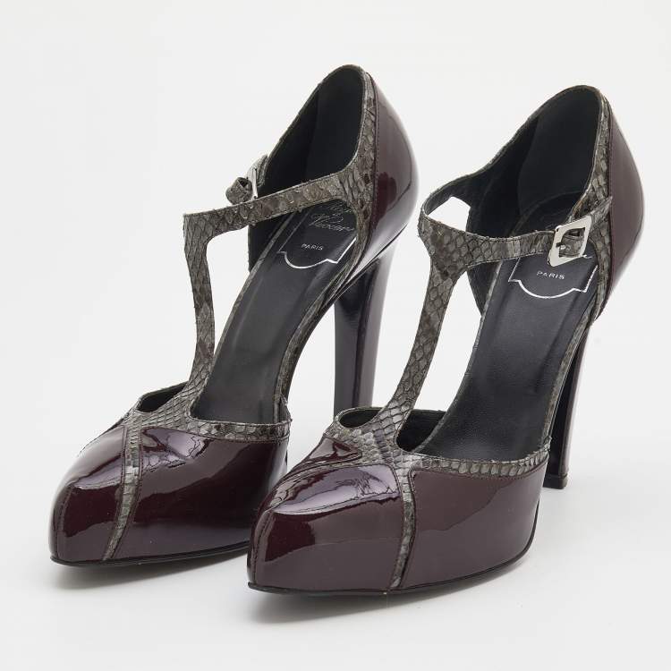Pre Owned Roger Vivier Grey/Burgundy Python and Patent Leather Platform Pumps Size 39