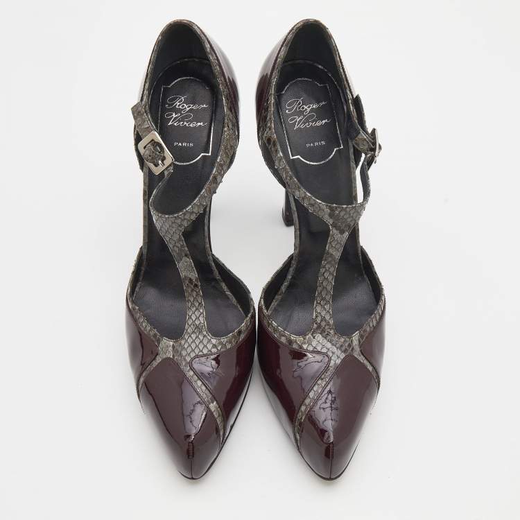Pre Owned Roger Vivier Grey/Burgundy Python and Patent Leather Platform Pumps Size 39