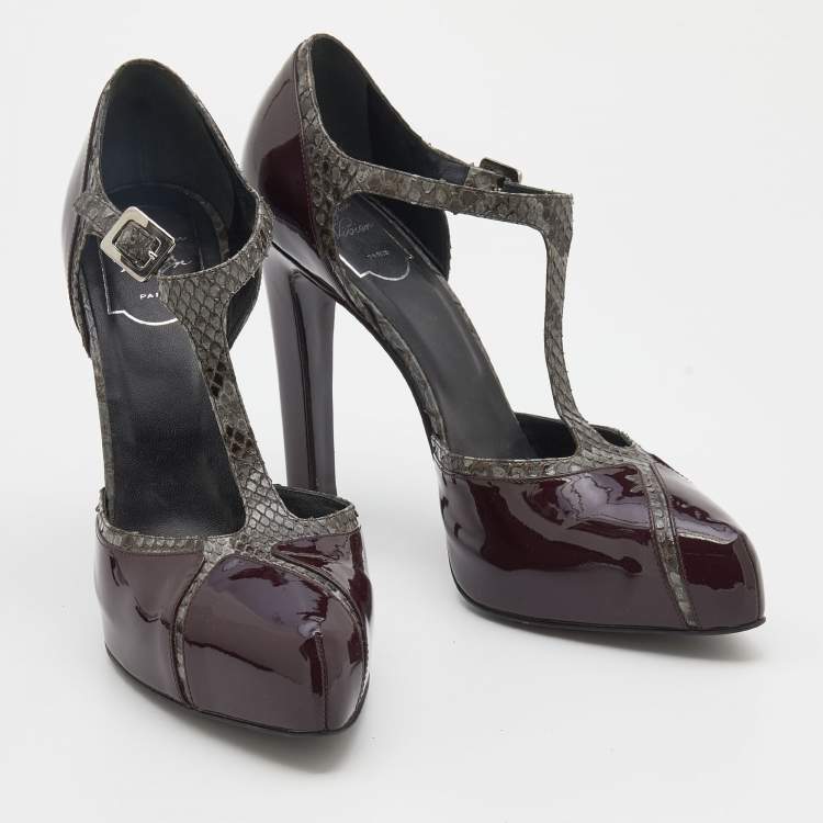 Pre Owned Roger Vivier Grey/Burgundy Python and Patent Leather Platform Pumps Size 39