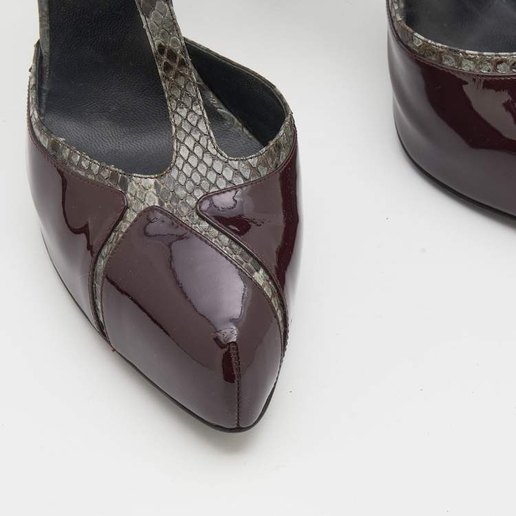 Pre Owned Roger Vivier Grey/Burgundy Python and Patent Leather Platform Pumps Size 39