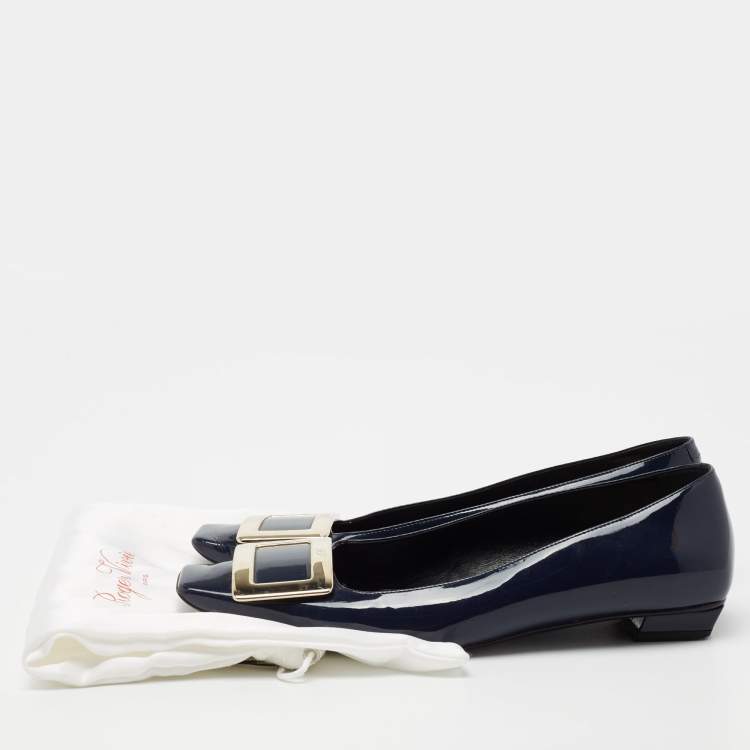 Pre Owned Roger Vivier Navy Blue Patent Leather Belle Ballet Flats Size 38