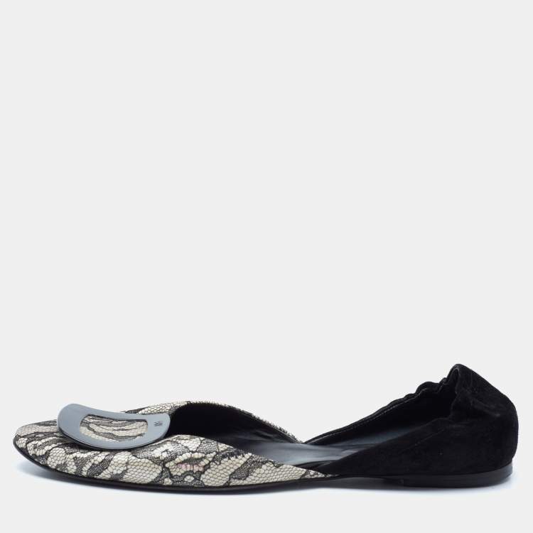 مملوكة مسبقًا Roger Vivier Black/White Lace And Suede Chips D'orsay Buckle Flats Size 39