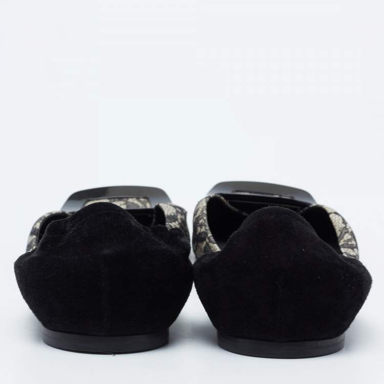 مملوكة مسبقًا Roger Vivier Black/White Lace And Suede Chips D'orsay Buckle Flats Size 39