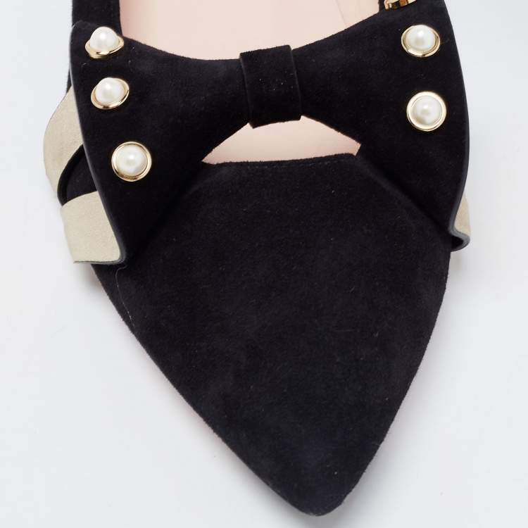 مملوكة مسبقًا Roger Vivier Black Suede Lolita Pearl Embellished Bow Ballet Flats Size 38
