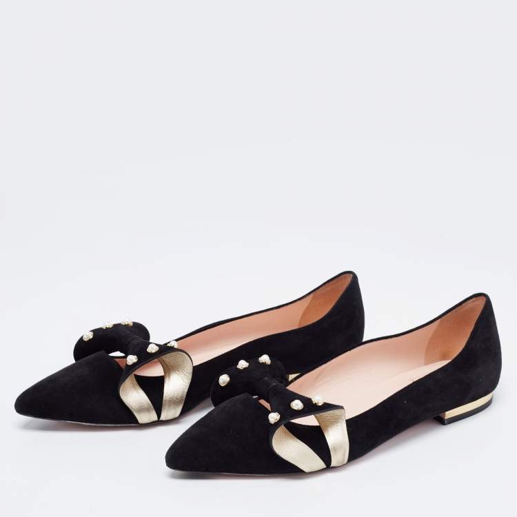 مملوكة مسبقًا Roger Vivier Black Suede Lolita Pearl Embellished Bow Ballet Flats Size 38