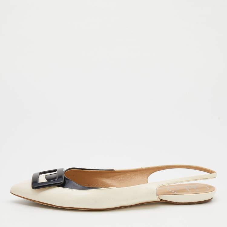 Pre Owned Roger Vivier Off-White/Black Leather Flat Slingback Sandals Size 39