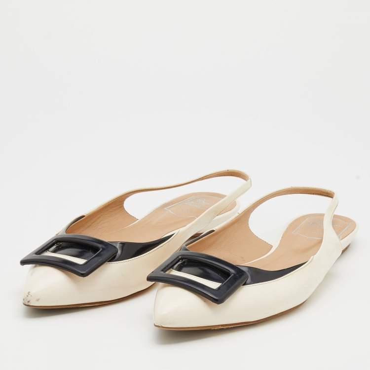 Pre Owned Roger Vivier Off-White/Black Leather Flat Slingback Sandals Size 39