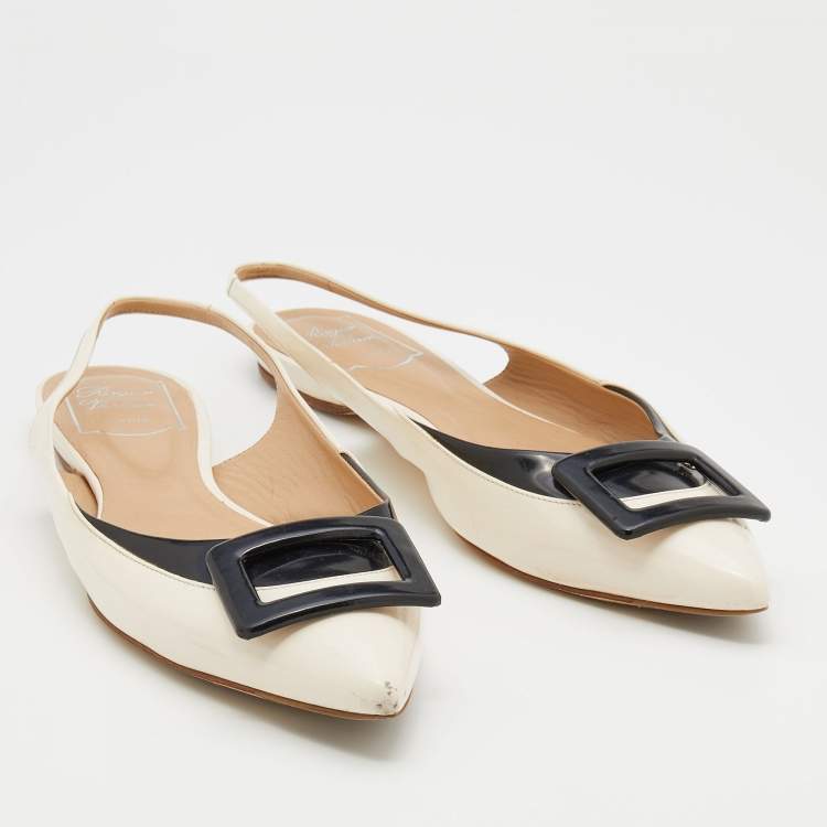 Pre Owned Roger Vivier Off-White/Black Leather Flat Slingback Sandals Size 39