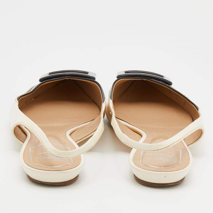 Pre Owned Roger Vivier Off-White/Black Leather Flat Slingback Sandals Size 39