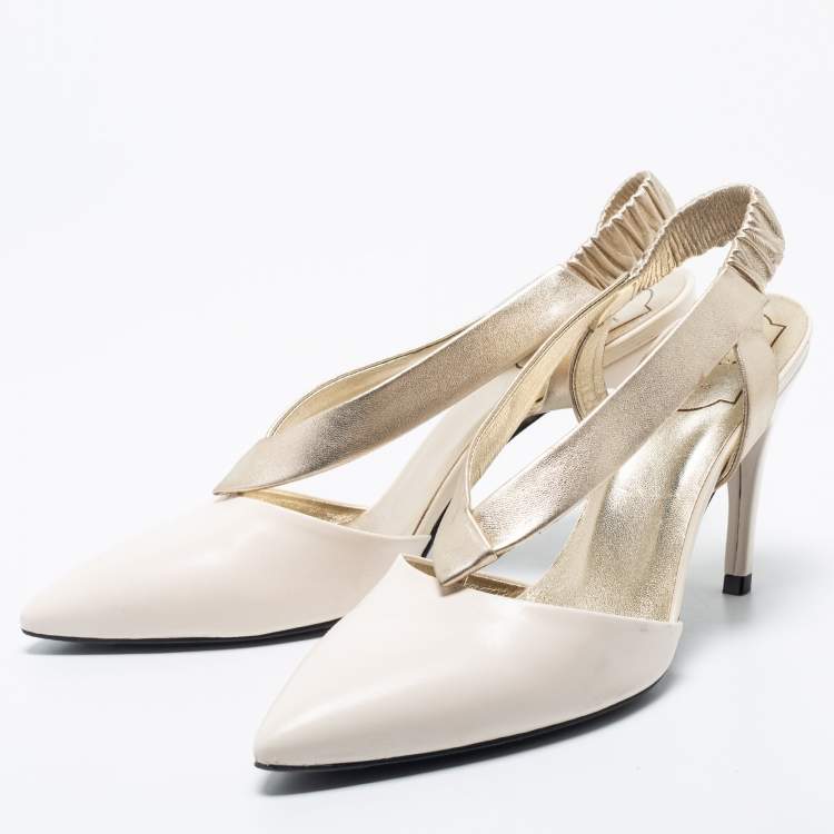 Pre Owned Roger Vivier Cream/Gold Leather V Type Pointed Toe Slingback Pumps Size 40