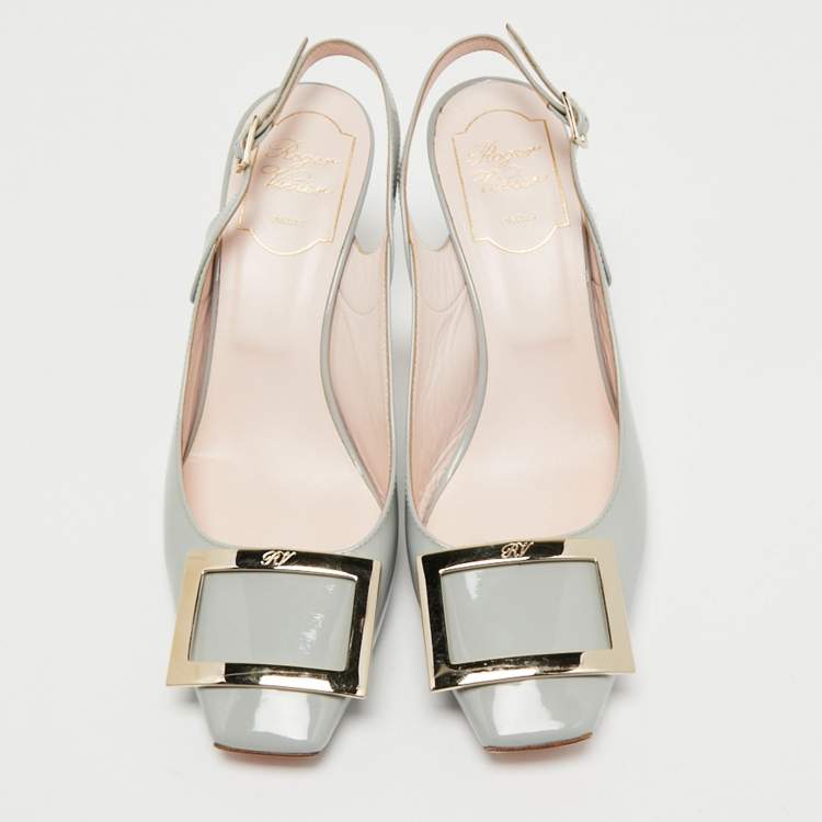 Pre Owned Roger Vivier Grey Patent Leather Belle Vivier Slingback Pumps Size 37.5 