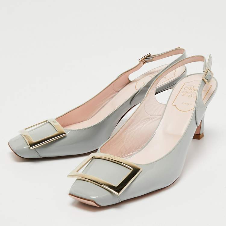 Pre Owned Roger Vivier Grey Patent Leather Belle Vivier Slingback Pumps Size 37.5 