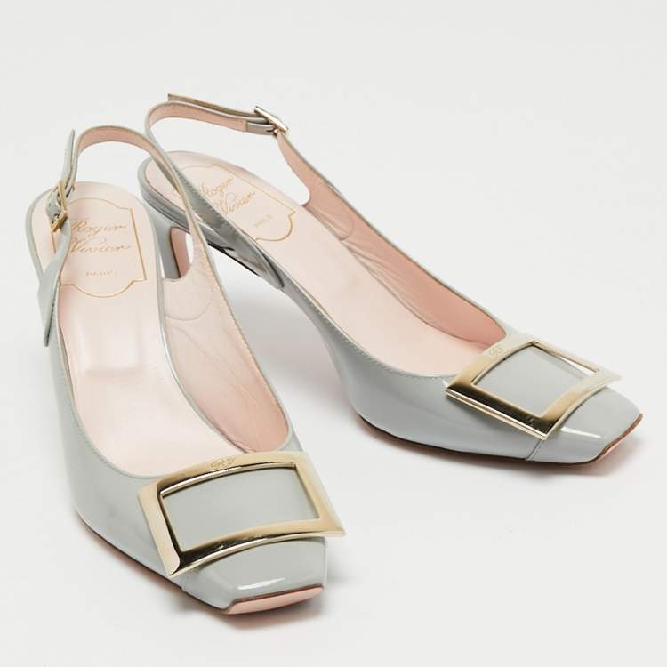 Pre Owned Roger Vivier Grey Patent Leather Belle Vivier Slingback Pumps Size 37.5 