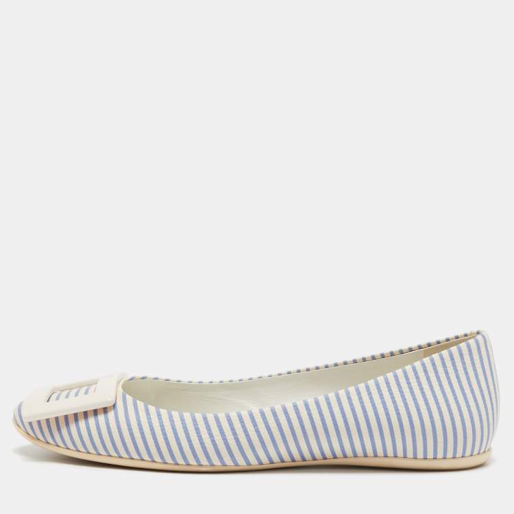 Pre Owned Roger Vivier White/Blue Striped Leather Gommette Ballet Flats Size 36