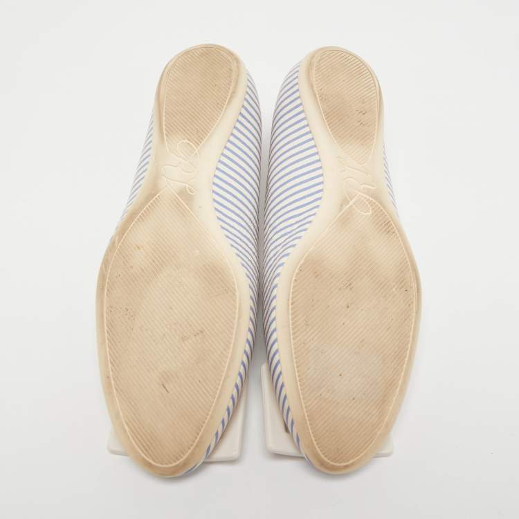 Pre Owned Roger Vivier White/Blue Striped Leather Gommette Ballet Flats Size 36