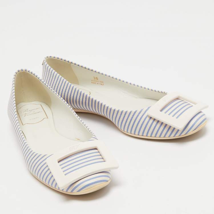 Pre Owned Roger Vivier White/Blue Striped Leather Gommette Ballet Flats Size 36
