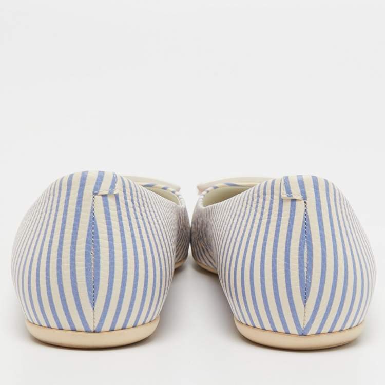 Pre Owned Roger Vivier White/Blue Striped Leather Gommette Ballet Flats Size 36