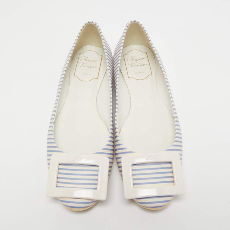 Pre Owned Roger Vivier White/Blue Striped Leather Gommette Ballet Flats Size 36
